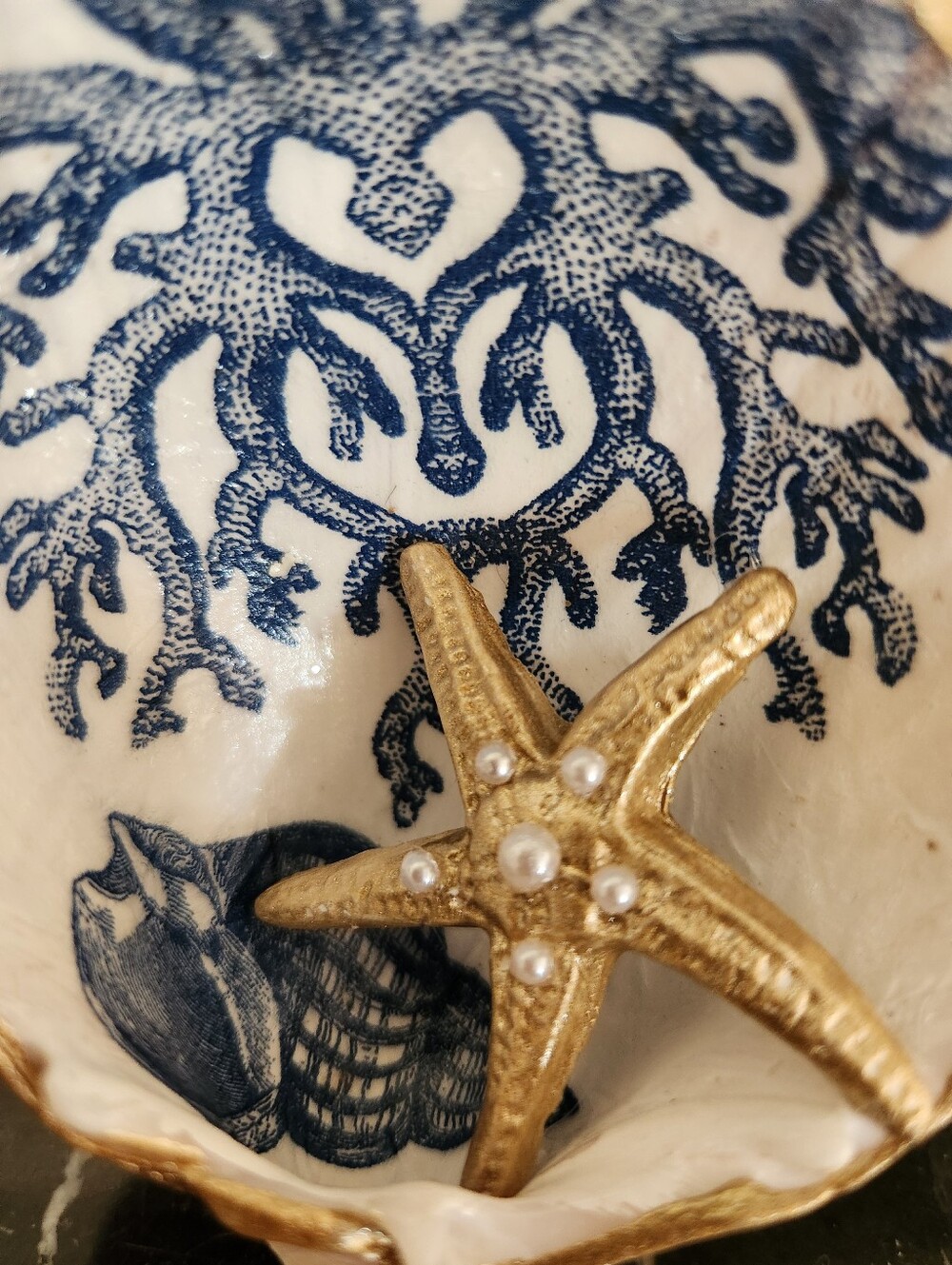 One Of A Kind Embellished Natural Seashell Faux Pearl and  Starfish